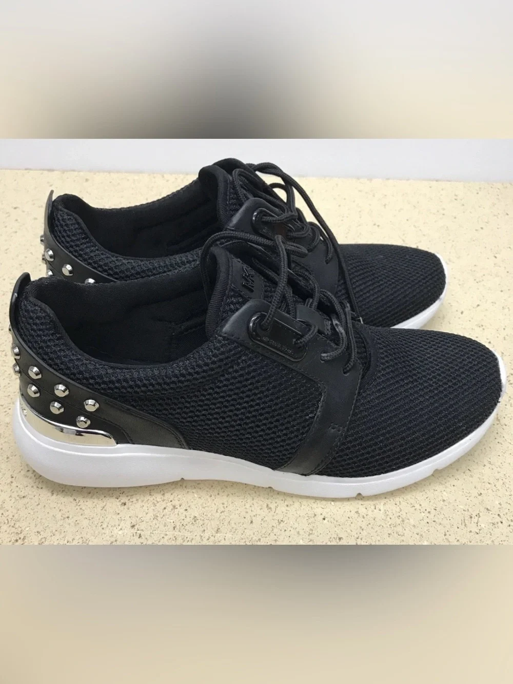 Michael Kors Sneaker Mesh Leather Astor Trainer 7.5M Black Silver Studded